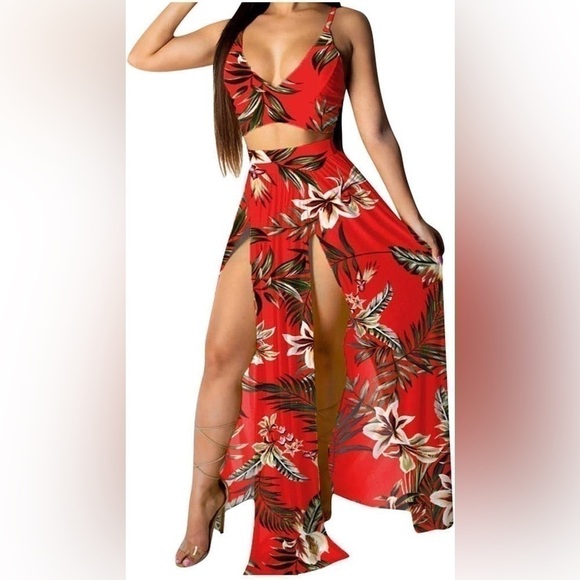 Dresses & Skirts - TROPICAL Two Piece Skirt Set Red Size Large Palm Print Lillies Summer